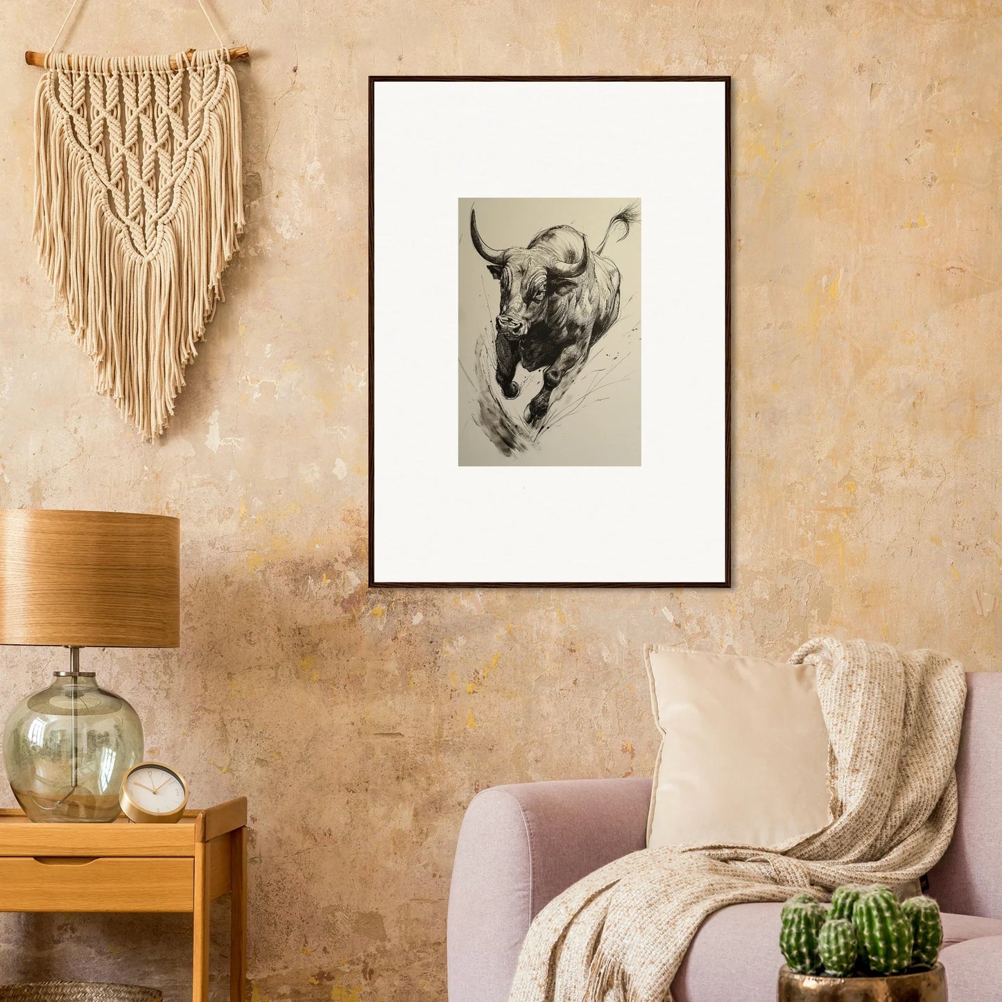 Framed black and white sketch of a charging bull from Ebullient Storm Release special edition art™