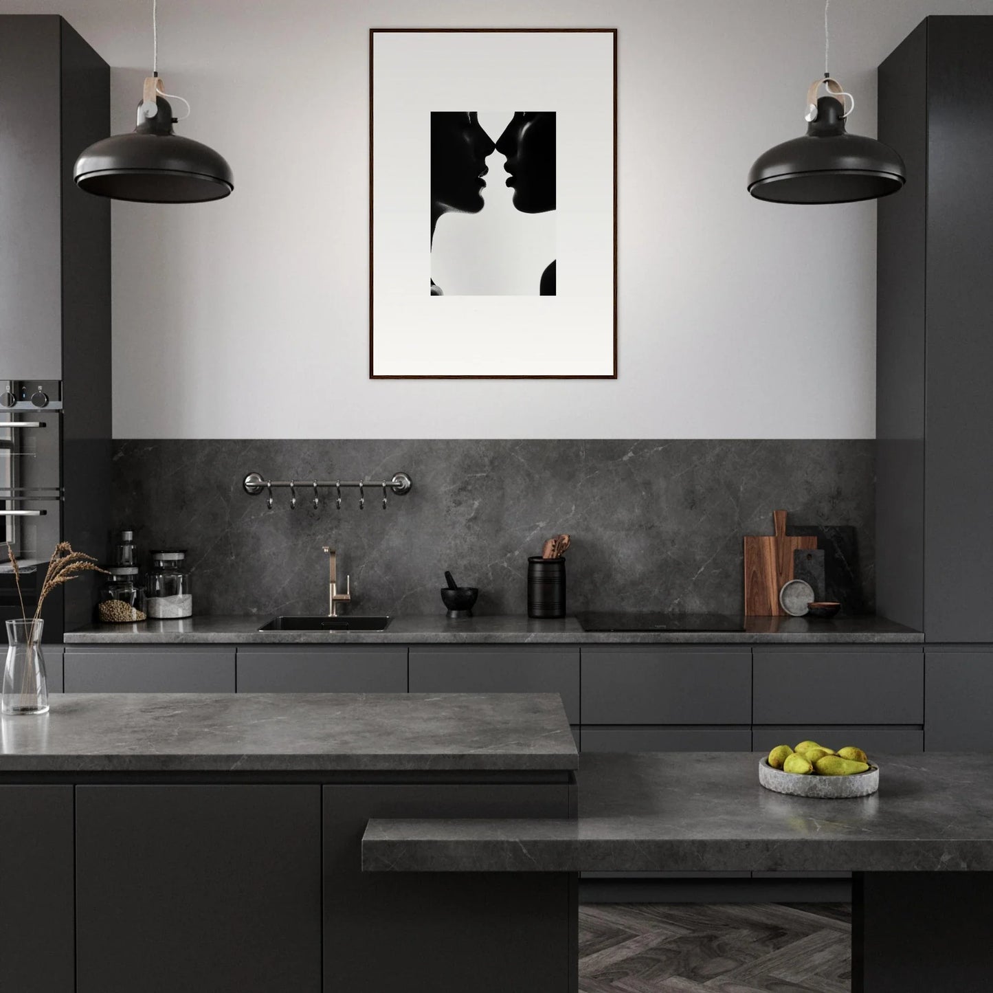 Modern monochromatic kitchen with Shadowed Sédual Symphony matte black cabinets and concrete countertops