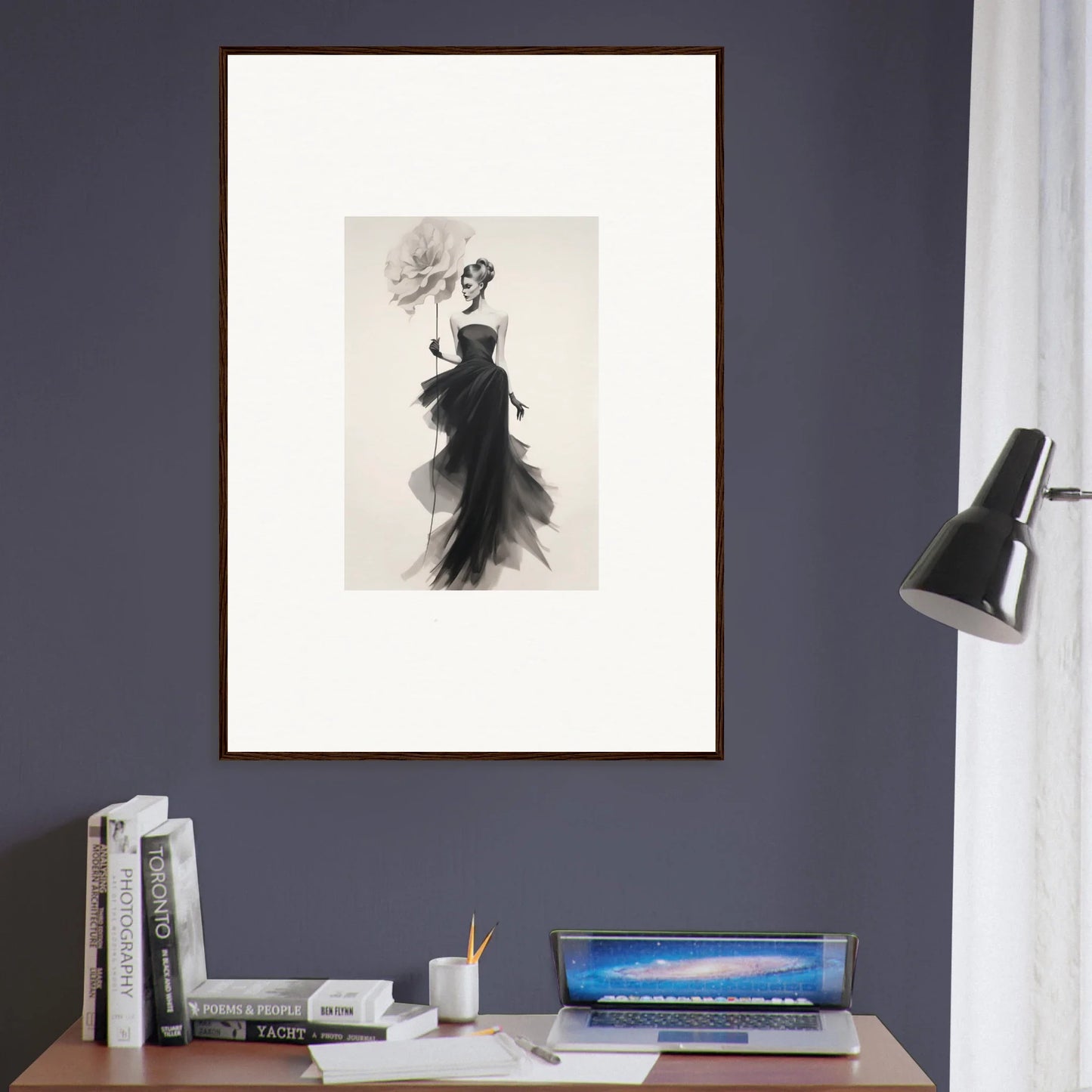 Black and white fashion illustration of an elegant gown in Opulent Reverie Lyrisans