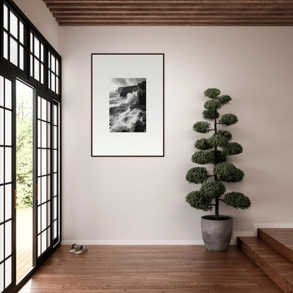 Black and white framed photo of crashing waves in the Tempestuous Rock Ballet series