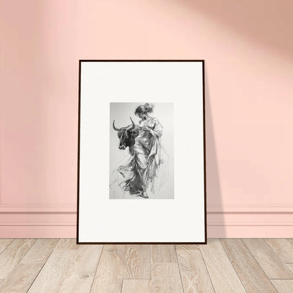 Framed wall art featuring a dynamic classical figure with a bull in Splashing Gaze Melds