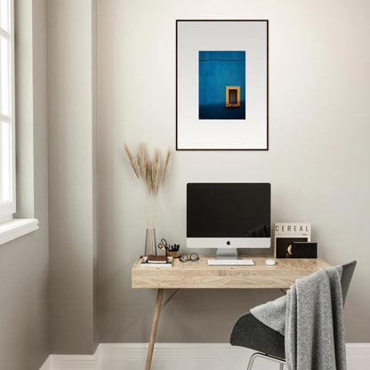 Minimalist workspace with iMac and blue artwork, styled as Hypercolor Dreamscape Longitude