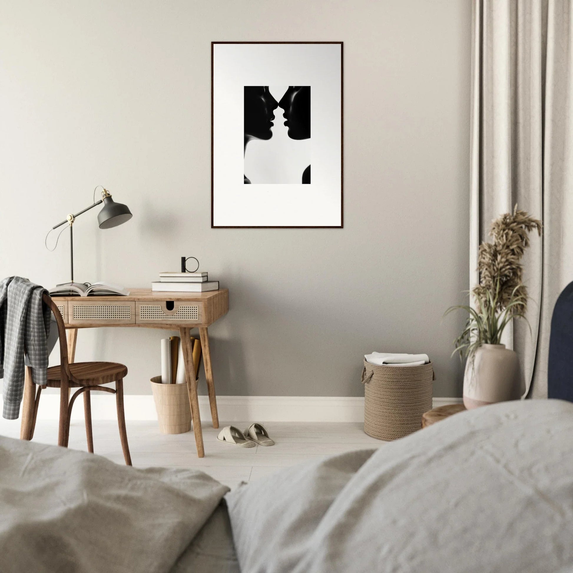 Black and white silhouette art of two profiles in Whispers Shadowdance Serenaa print