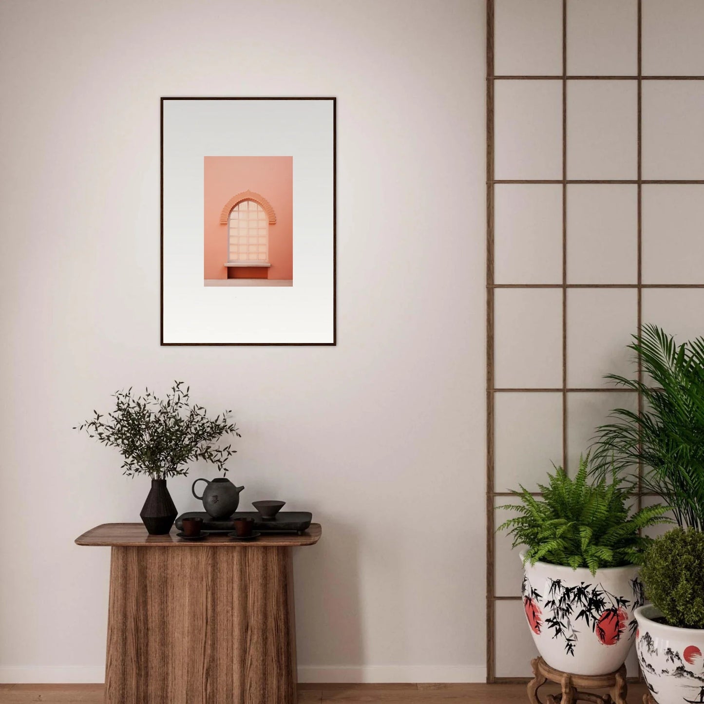 Framed wall art of a peach-colored archway in Windows Morning Whisper collection