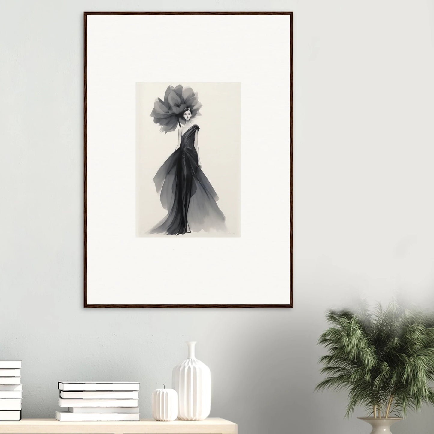 Elegant black and white fashion illustration of a gown in Curtain Bloom Dance art