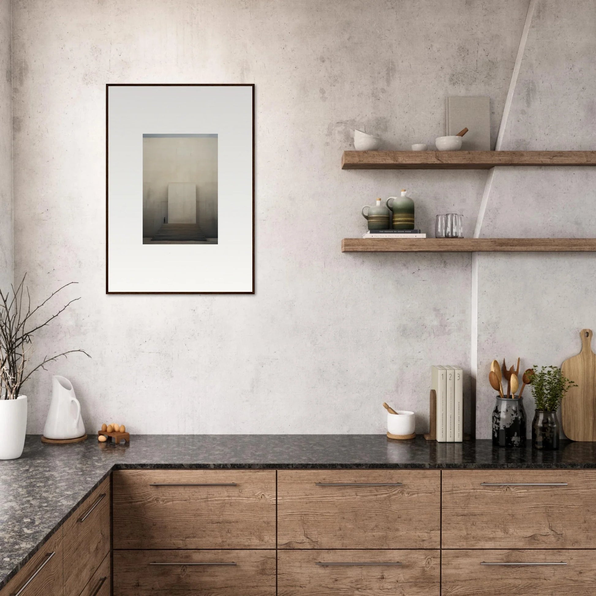 Modern kitchen counter with wooden cabinets and dark stone top featuring Portal Eventide Abstract