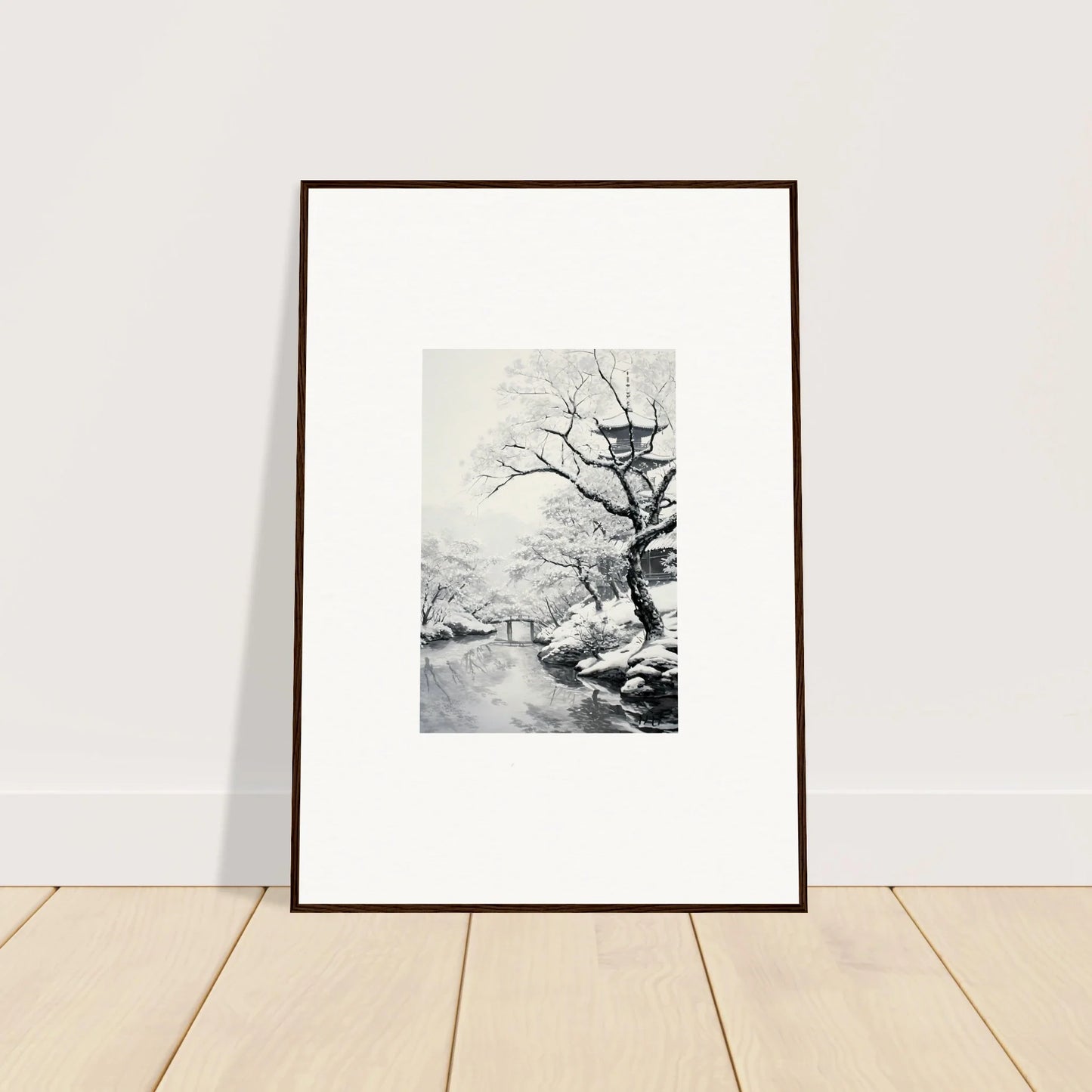 Framed black and white winter landscape artwork, Chilled Lunar Embrace special edition art™