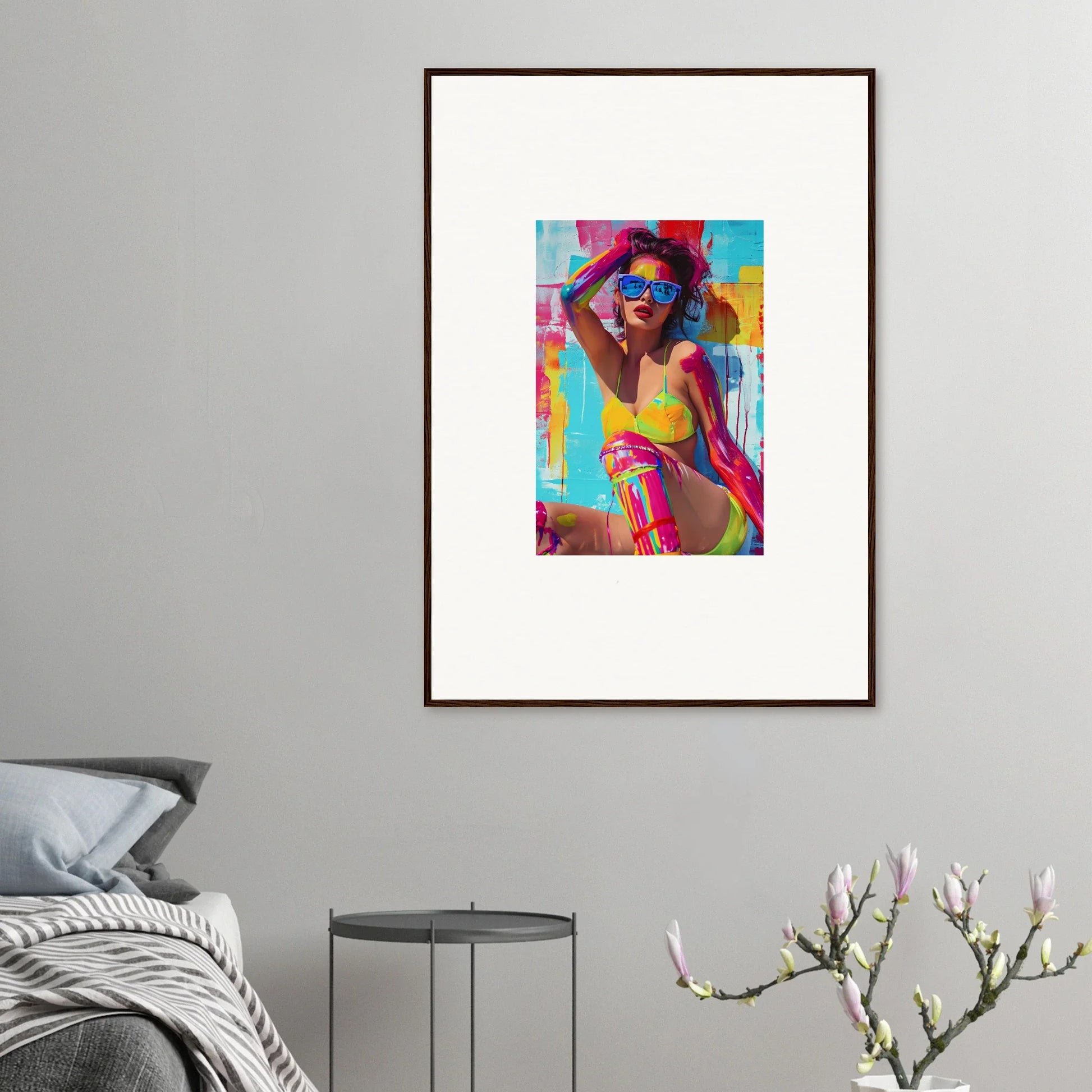 Colorful abstract portrait canvas print featuring a figure in a yellow swimsuit for wall art