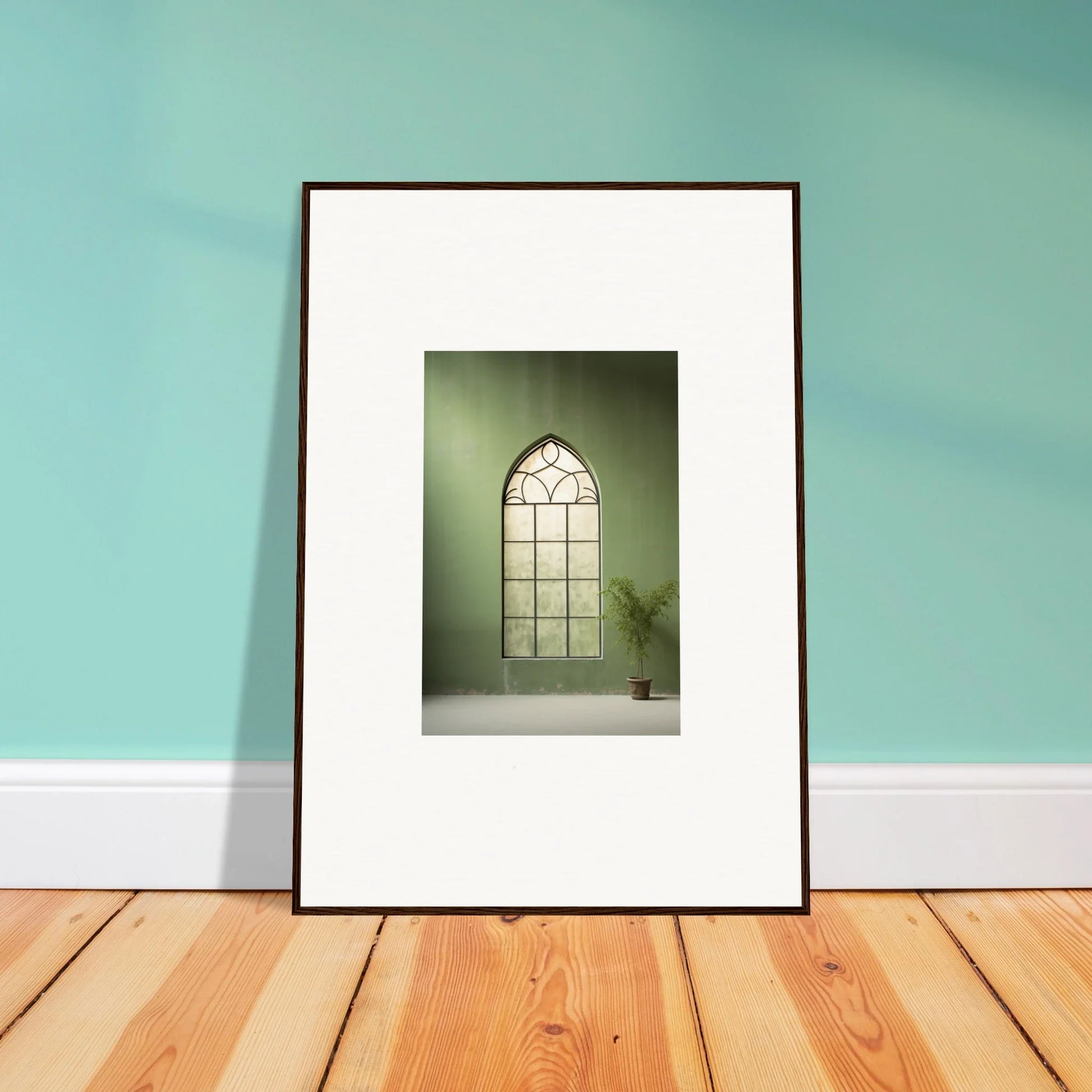 Framed Green Crescent art of an arched church window with decorative panes