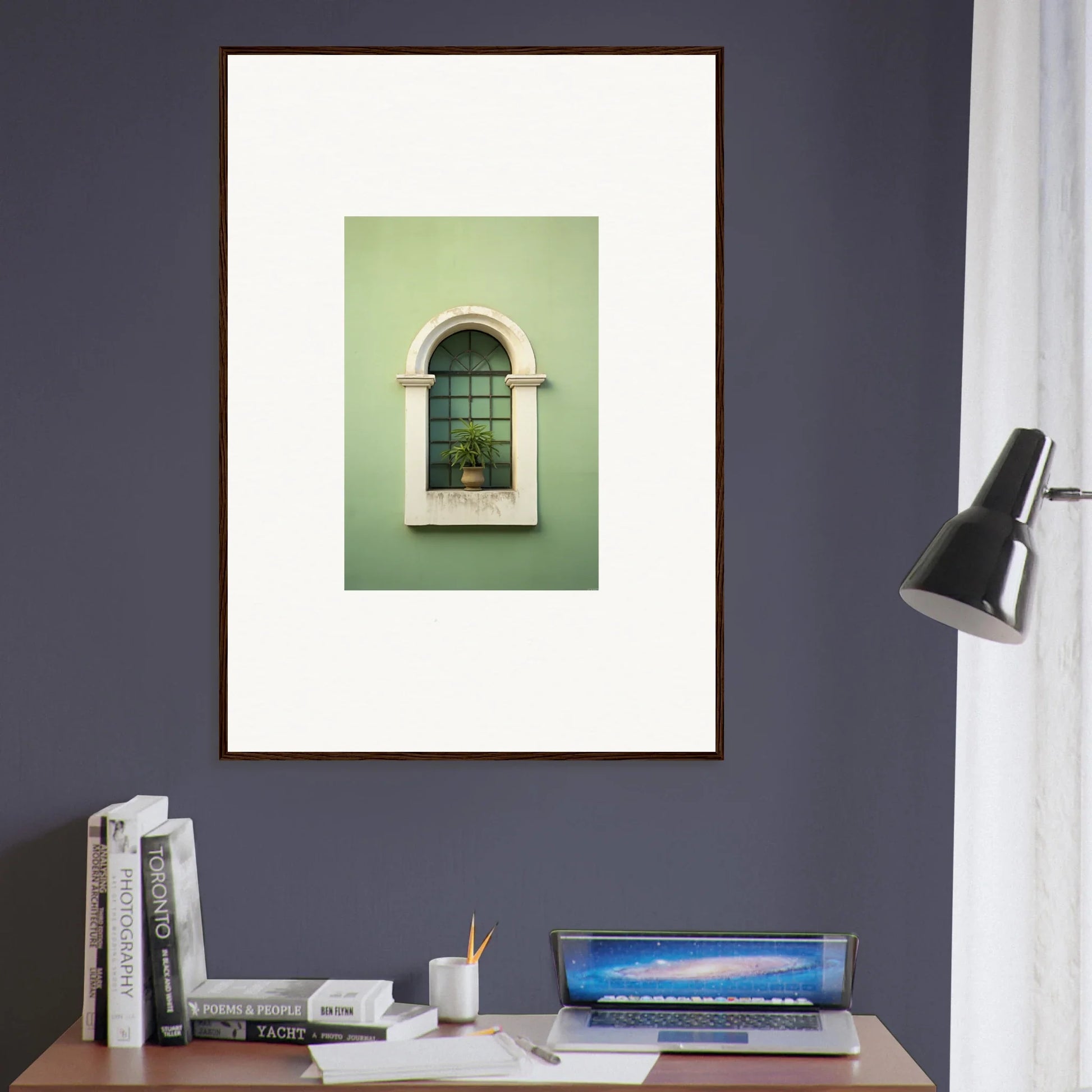 Framed wall art of arched window with metalwork on mint green in Eggshell PandæmonIA Bliss