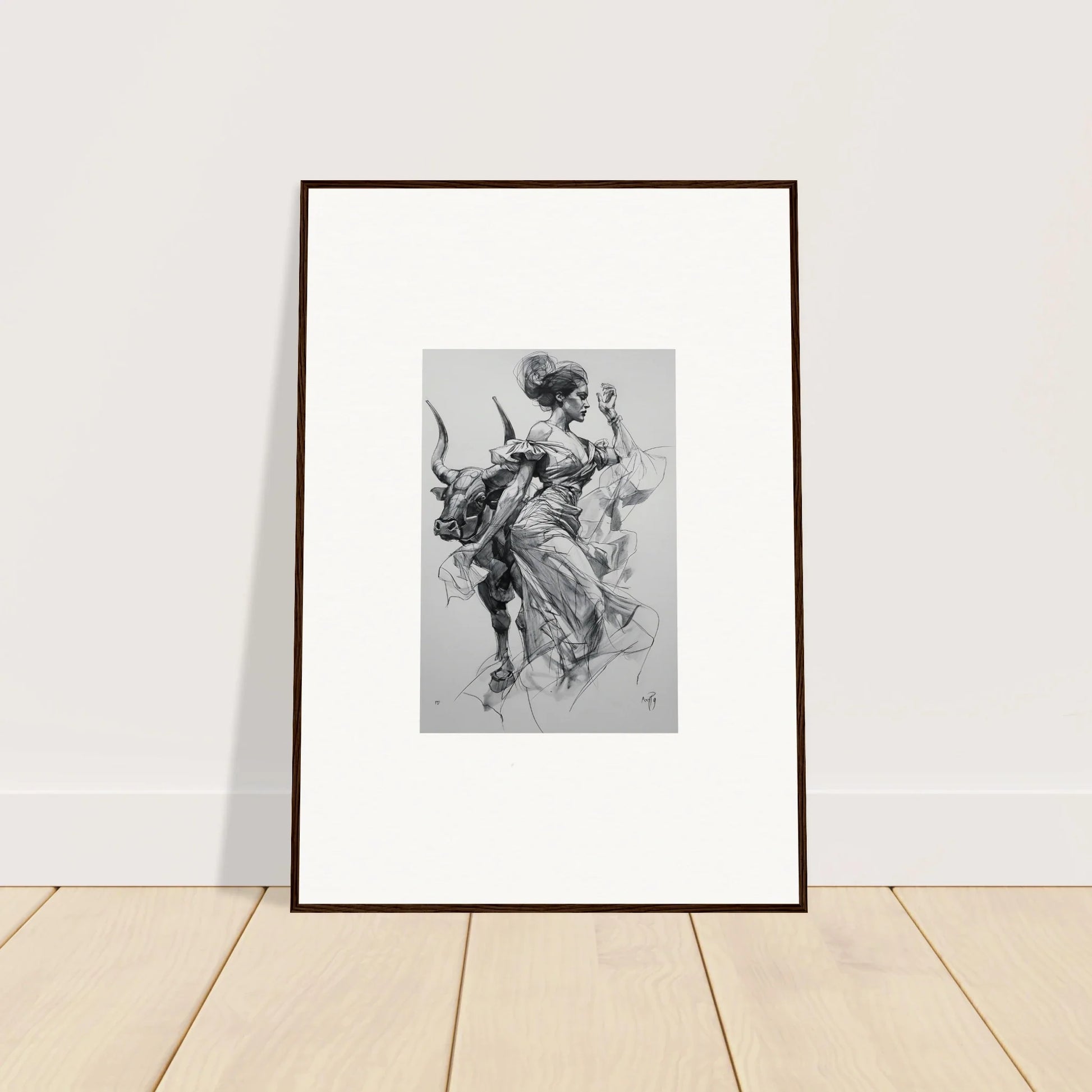 Framed black and white art of a classical figure in flowing fabric for Sirens’ Veil Matador