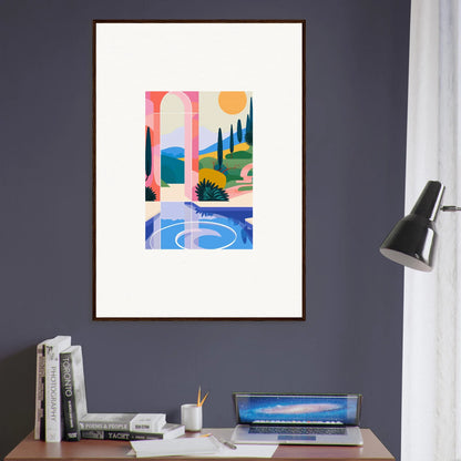 Colorful abstract landscape wall art in a white frame for stylish room decoration