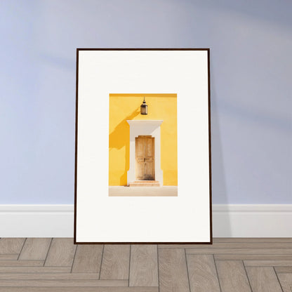 Framed wall art of a wooden door on a yellow wall from Golden Hue Portal