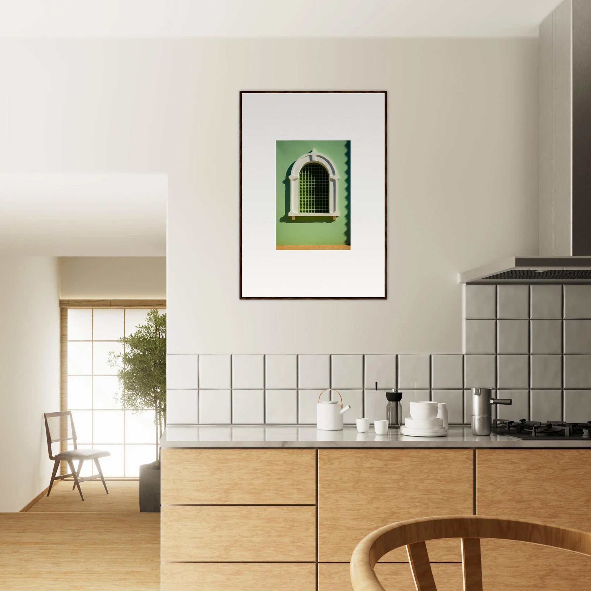 Framed photo of an arched window with green walls, featuring Visible Equilibrium Window