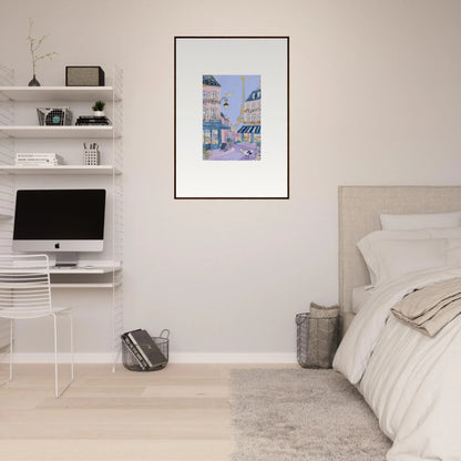 Minimalist bedroom workspace featuring Hat Lemons Paris art and an iMac on floating shelves