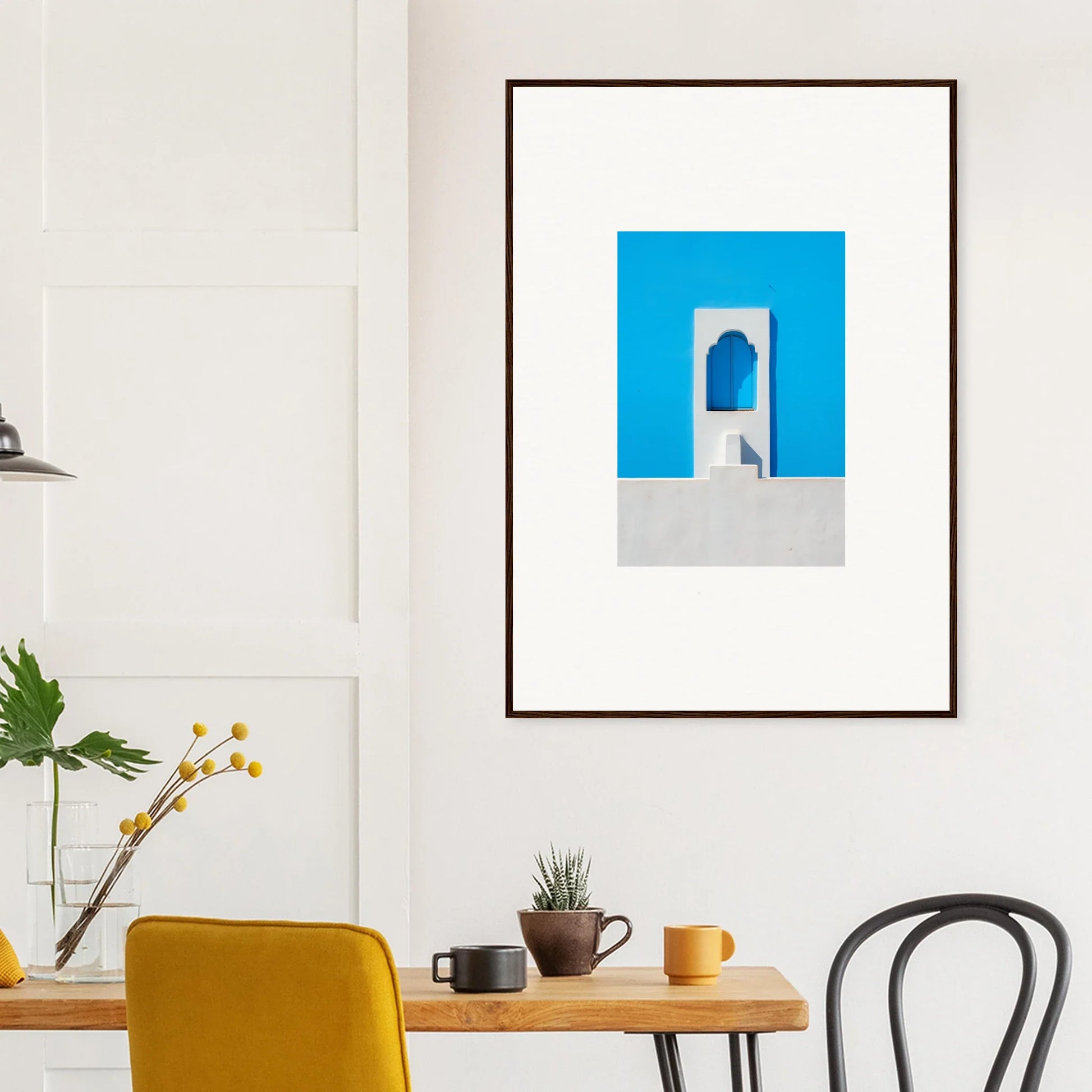 Framed minimalist art print of Oikos Cerulean Aperturearches with a blue doorway design