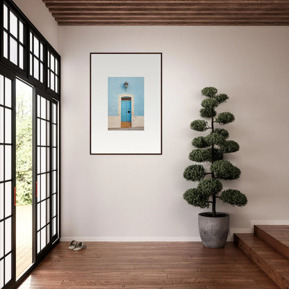 Framed wall art featuring Surreal Azure Vesaurrezz of a blue door on a light wall