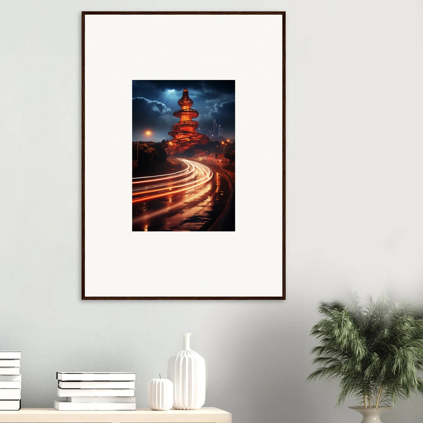 Framed photo of a pagoda at night with traffic light trails from Hyperloop Dreams Extravaganza