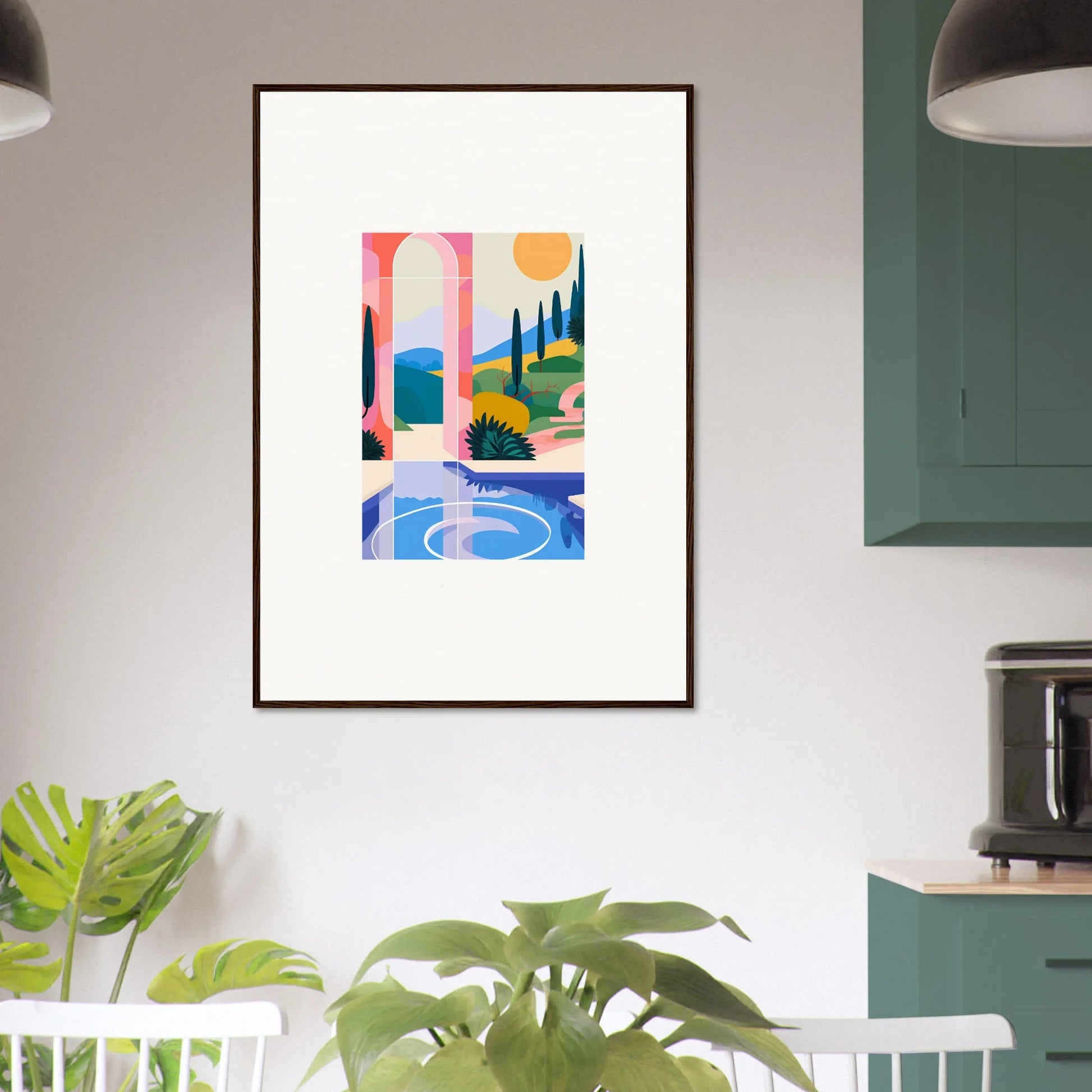 Framed abstract wall art with colorful shapes for stylish room decoration in Sunlit Oasis