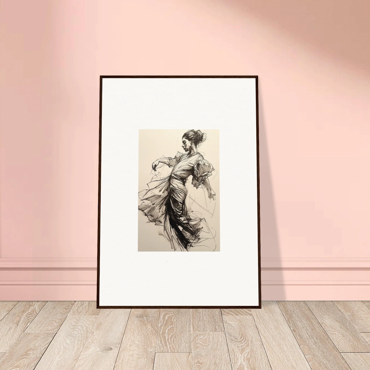 Framed black and white sketch of a dancing figure, Whirling Midnight Form art