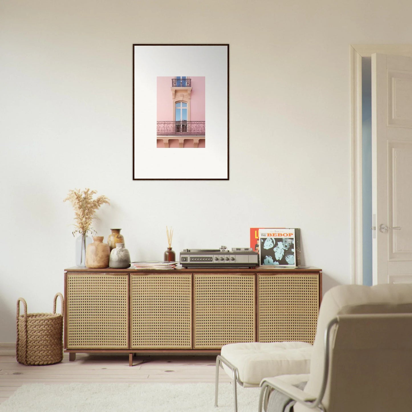 Wooden credenza with cane webbing, part of the Dusky Dream Balustrade collection