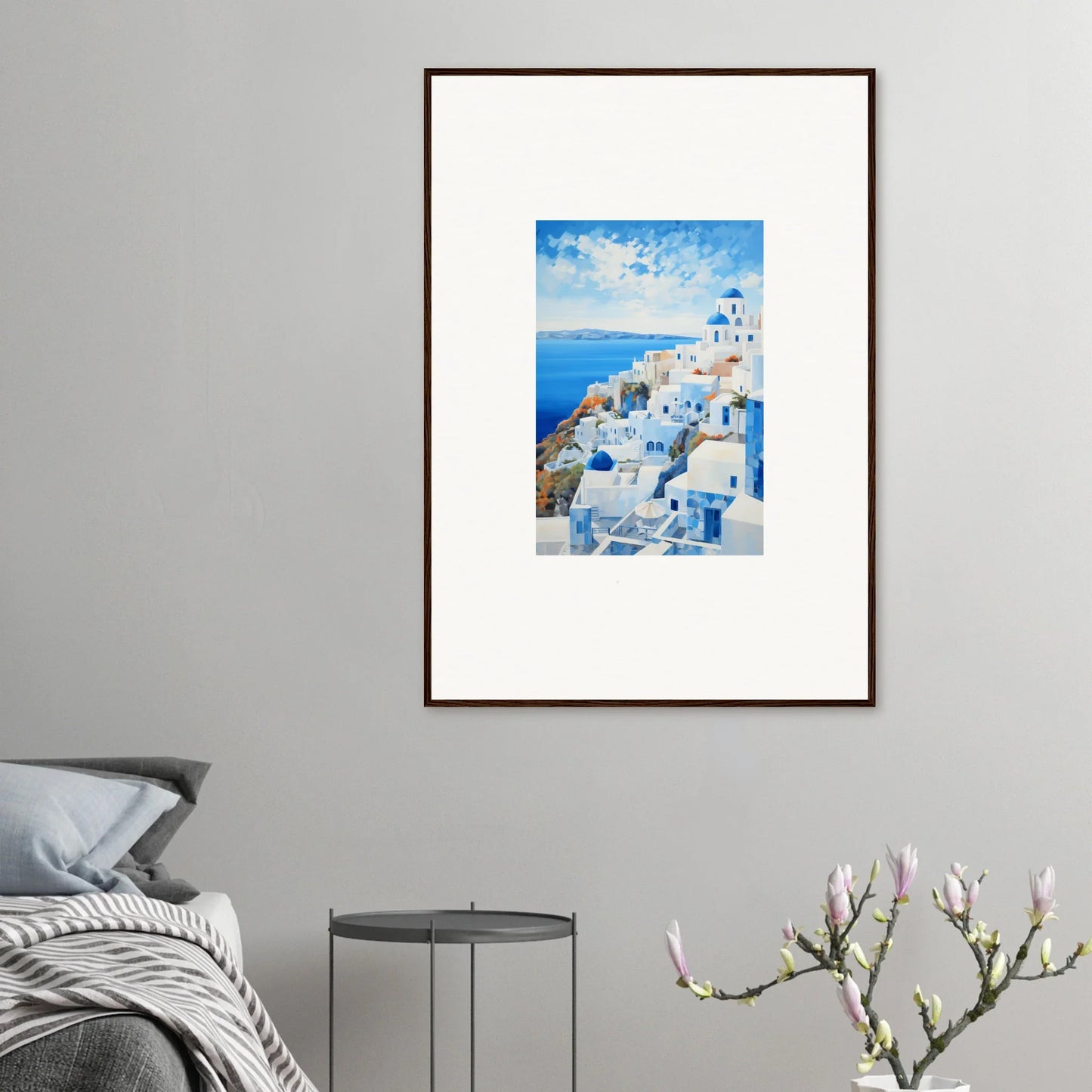 Special edition art of Santorini’s blue and white buildings in a premium framed wall piece