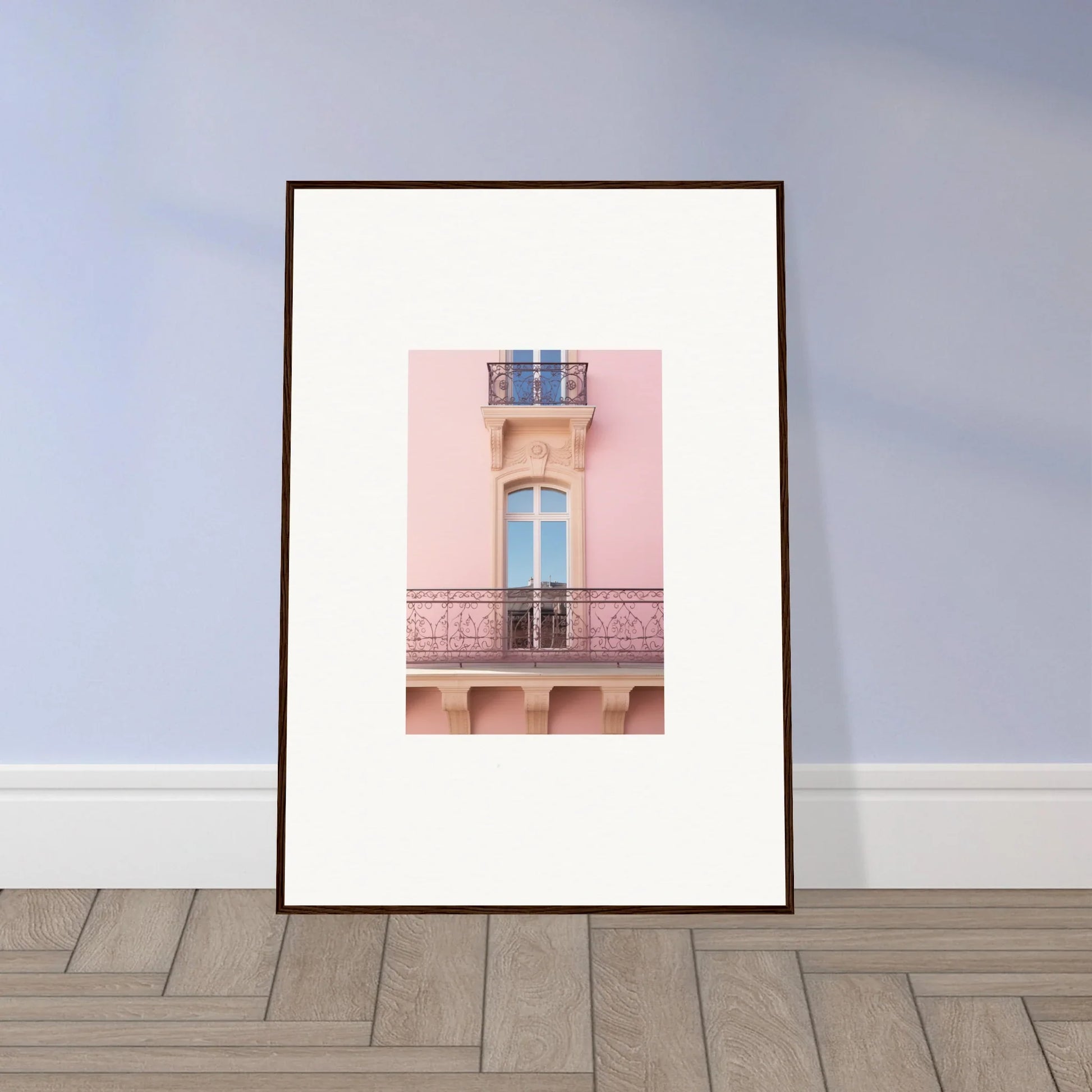 Framed wall art of dusky dream balustrade showcasing a pink building’s balcony detail