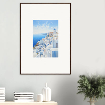 Framed wall art of Santorini’s blue and white buildings, Elysian Horizon Vortex style