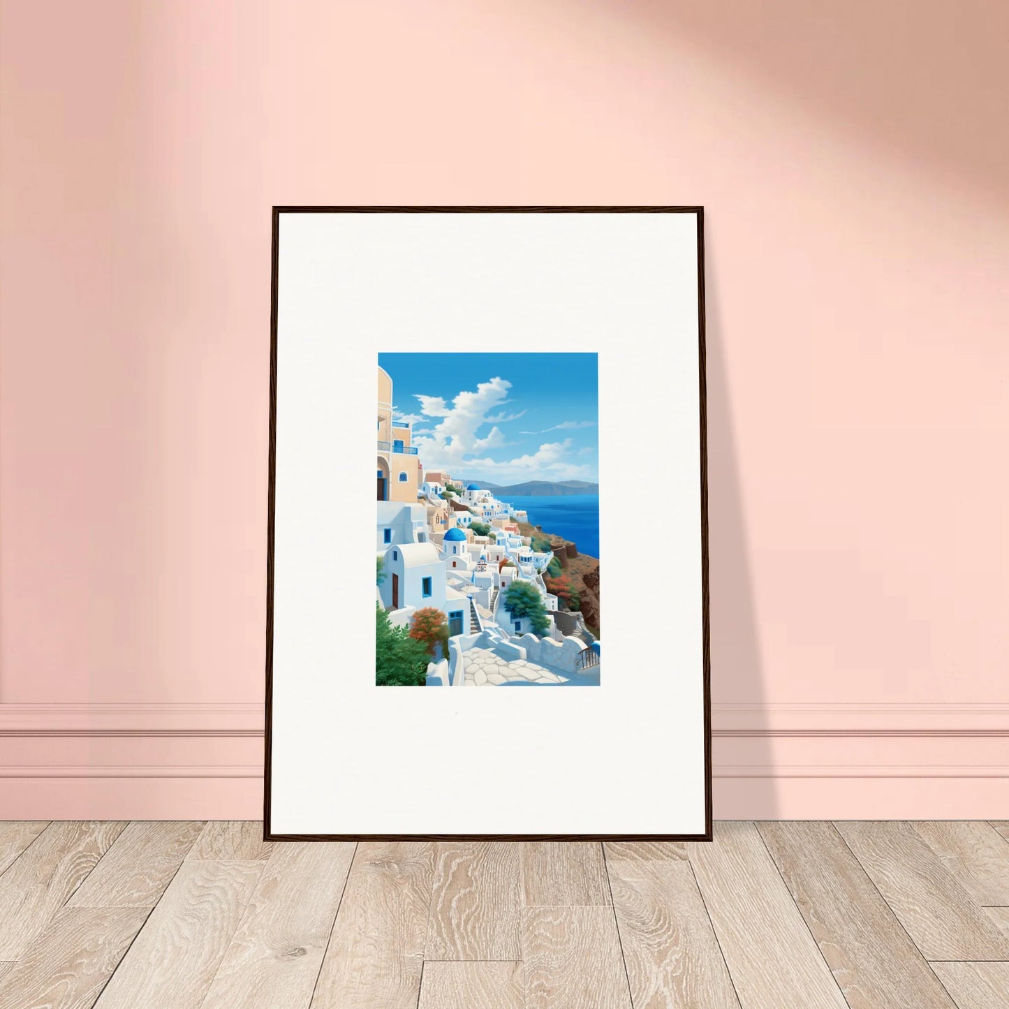 Framed Santorini photo captures white buildings and blue domes for Sunday Stahl art™