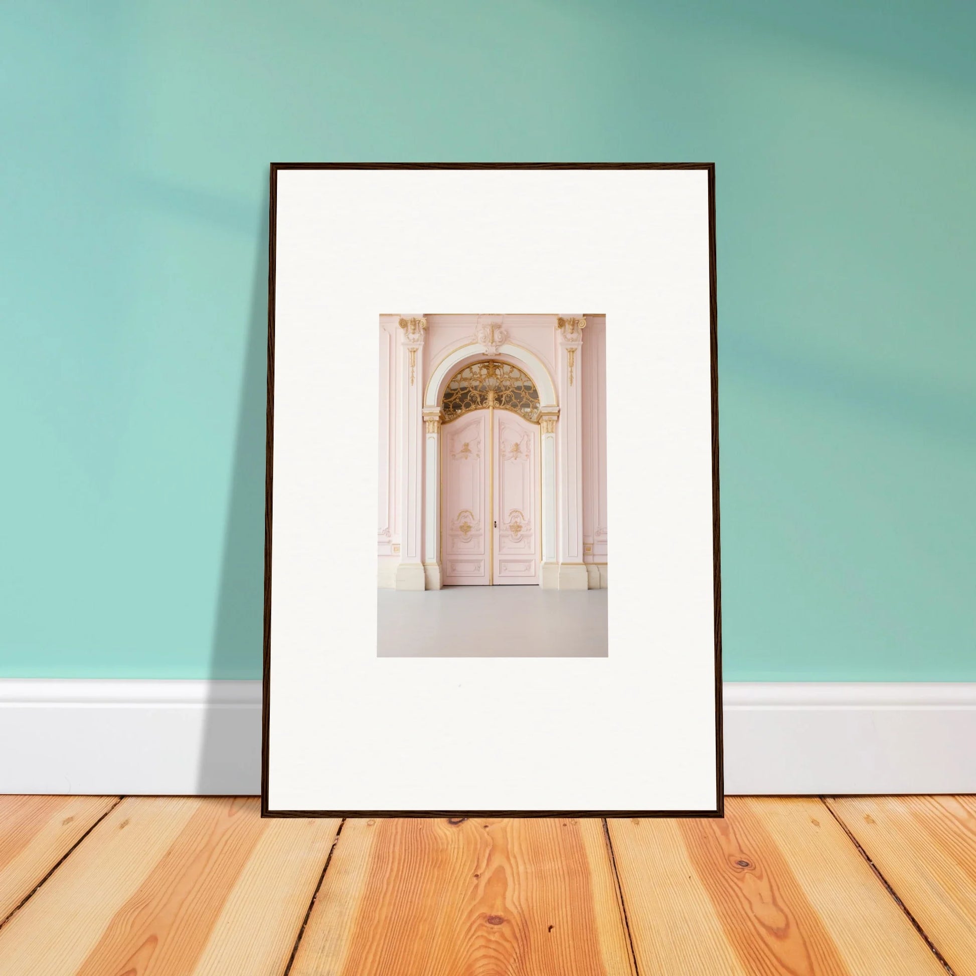 Framed wall art featuring an ornate white door with decorative archway molding