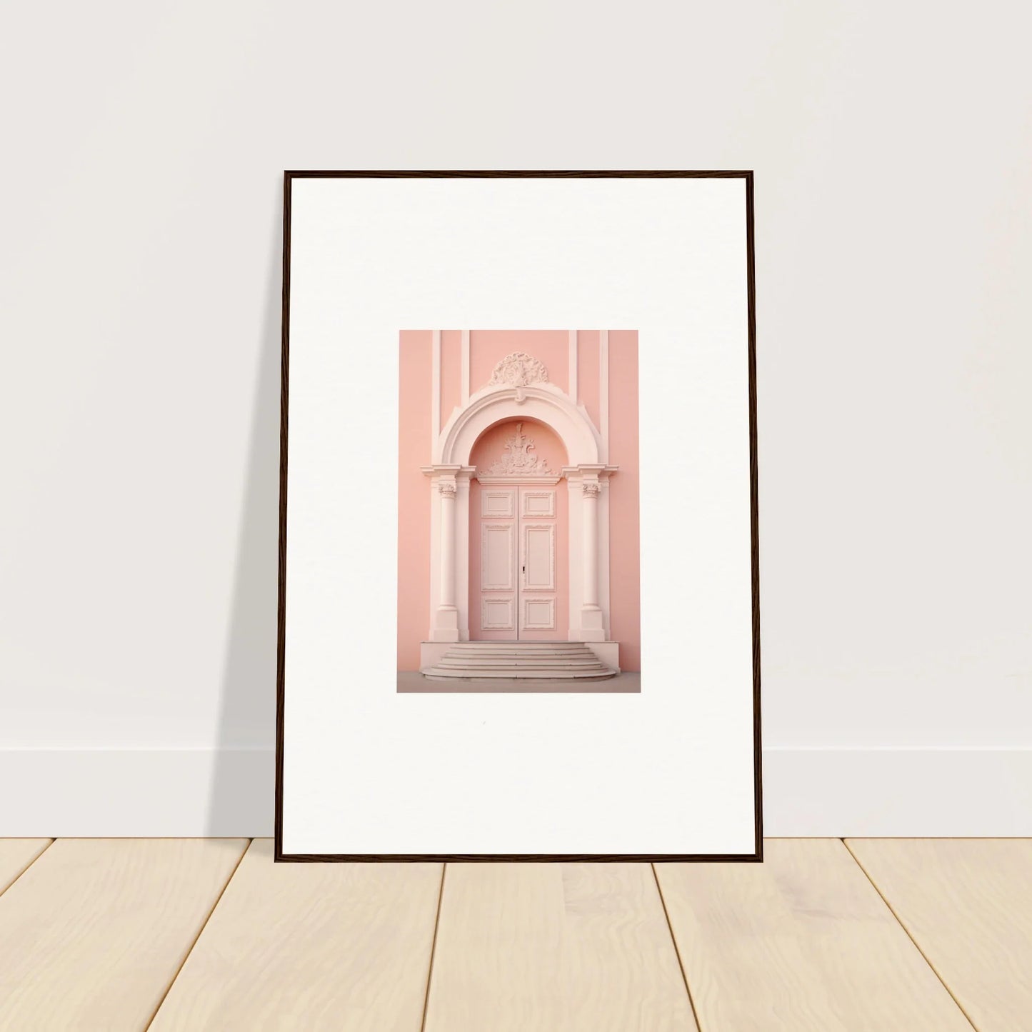 Framed art print of a pink doorway with columns in Petal Whispers Portal design