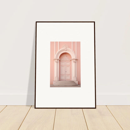 Framed art print of a pink doorway with columns in Petal Whispers Portal design