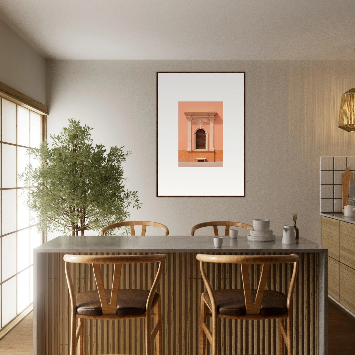 Minimalist dining table with wooden chairs and a potted olive tree, Silent Sunset Oblique