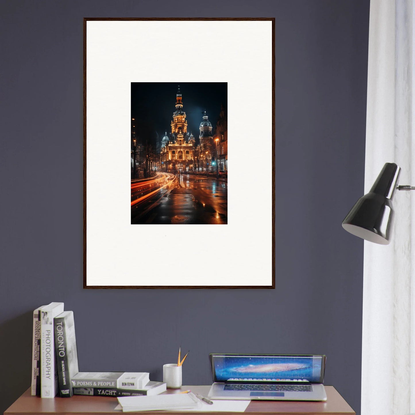 Framed photo of Midnight Highway Mirage with illuminated cathedral and light trails