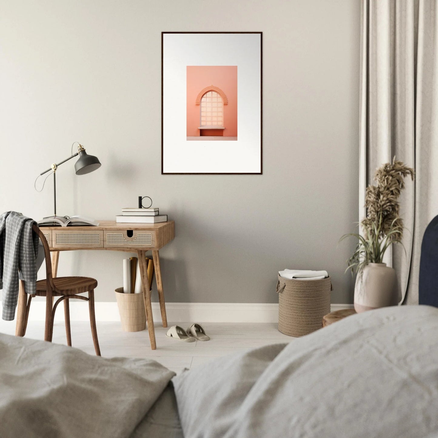 Minimalist bedroom workspace with wooden desk and lamp, inspired by Windows Morning Whisper