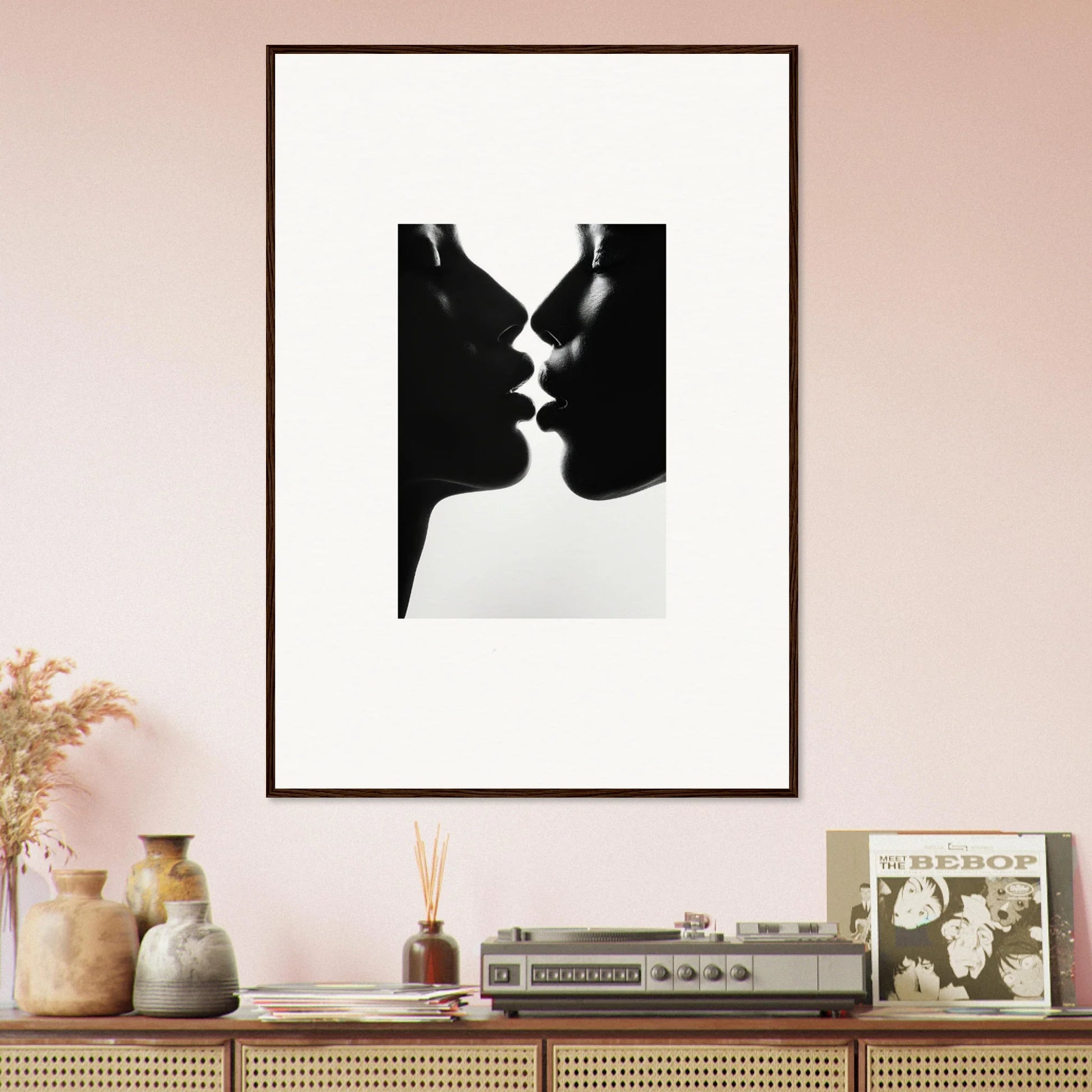 Black and white silhouette of two profiles about to kiss in Luminous Midnight Kiss art