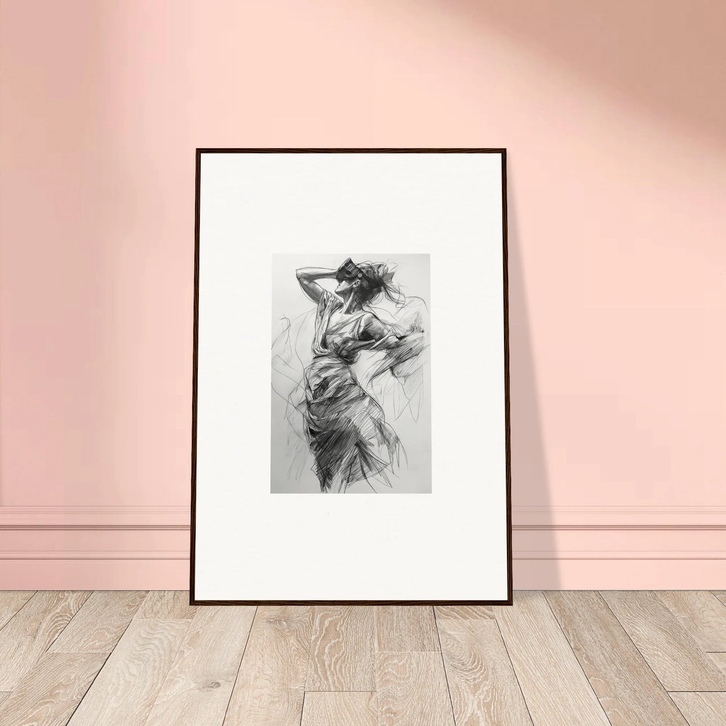 Framed black and white sketch of a dynamic figure from Veiled Revisionist Muse