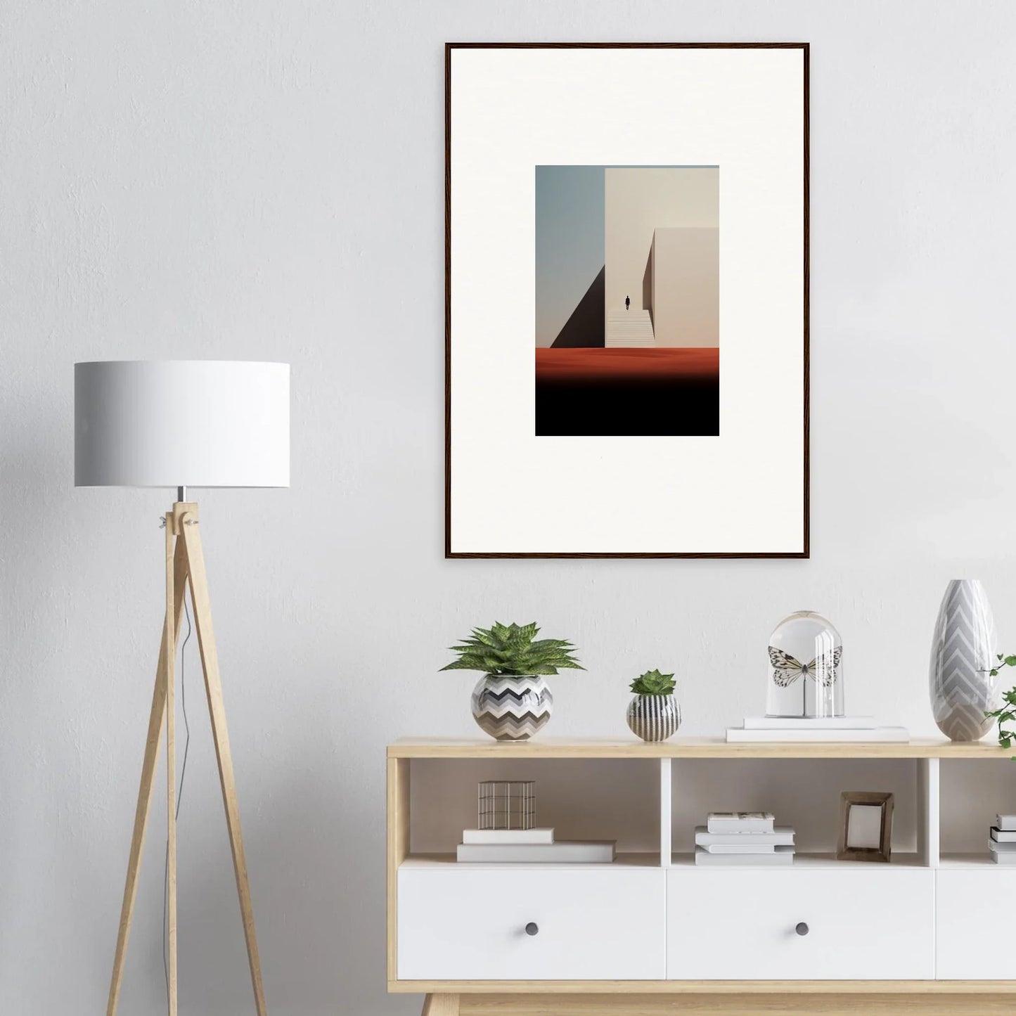 Minimalist framed artwork of geometric sailboats at sunset for Sombra Espérante Architecture