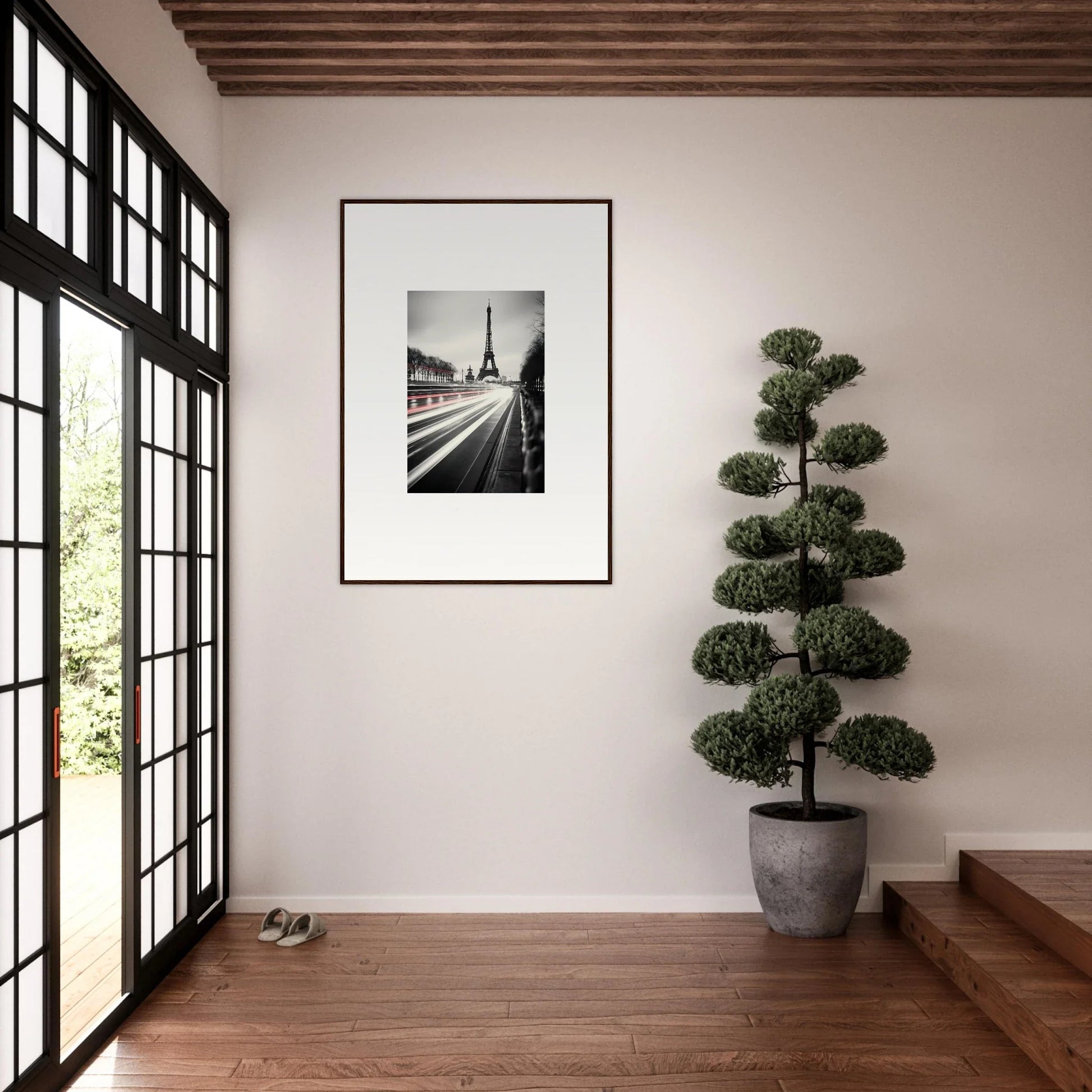 Framed black and white Eiffel Tower photo with light trails in Eternal Windsweep Halo