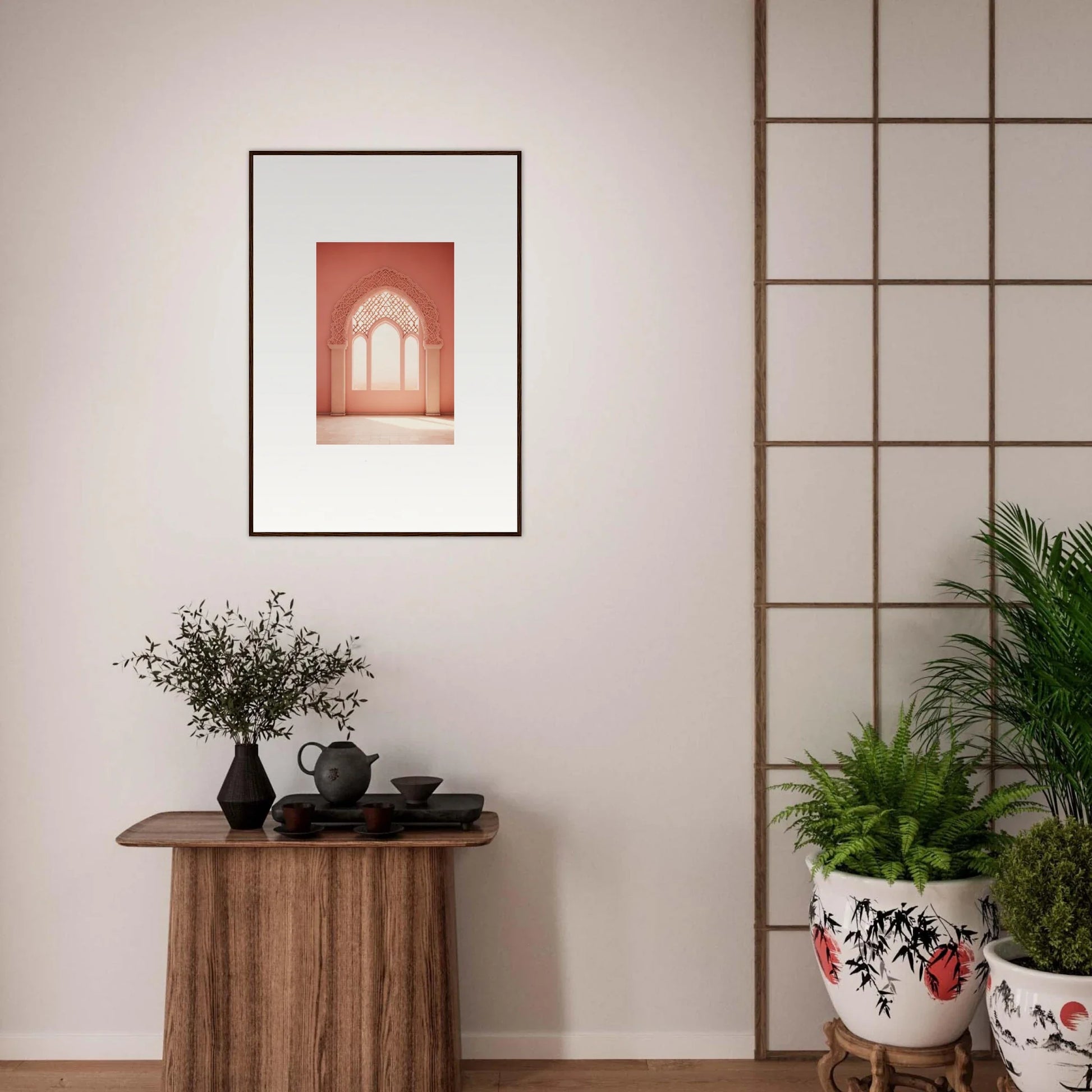 Framed wall art of an arched doorway in reddish tones, Versaille Sunset Reimagined