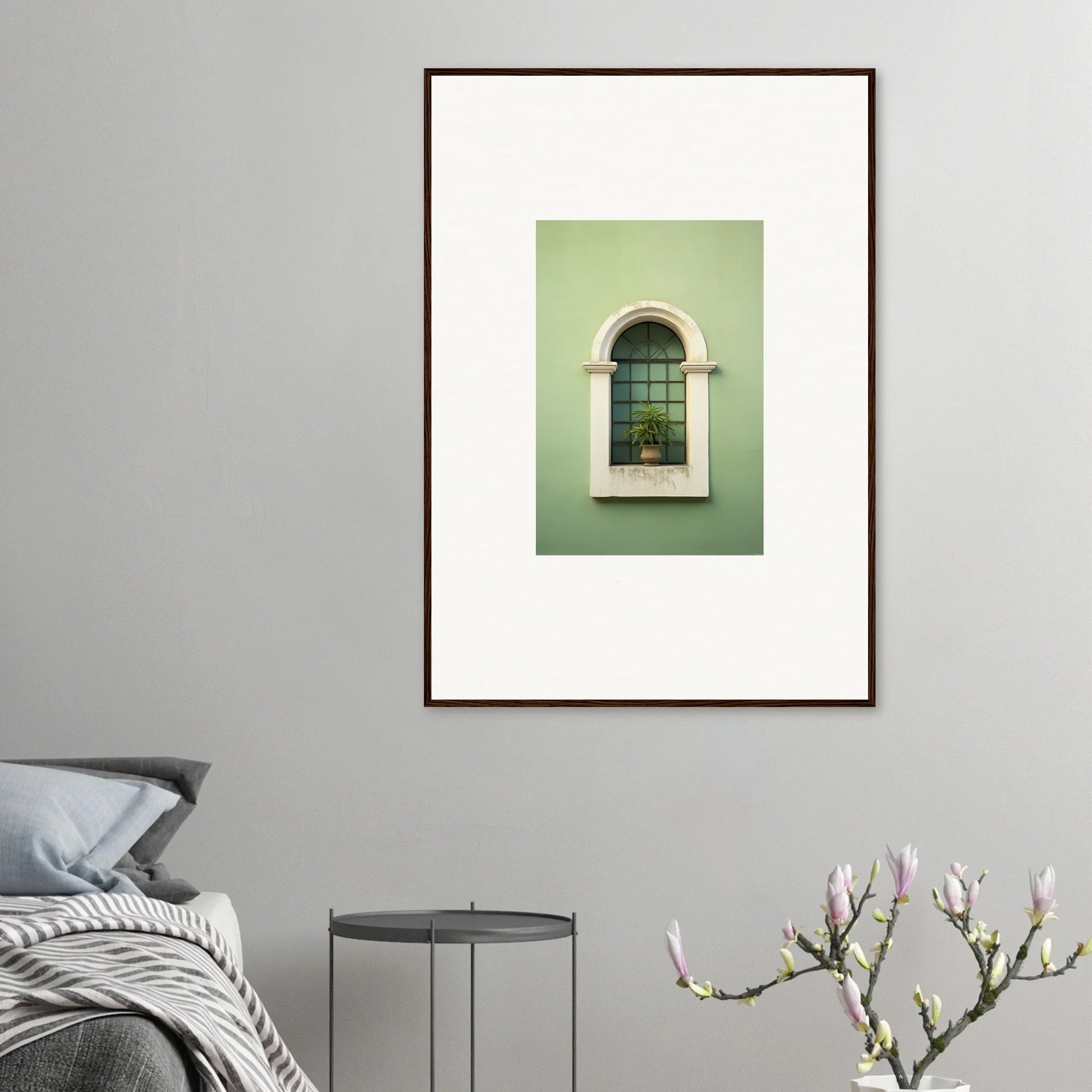 Arched window with decorative grillwork on a mint green wall in Eggshell PandæmonIA Bliss