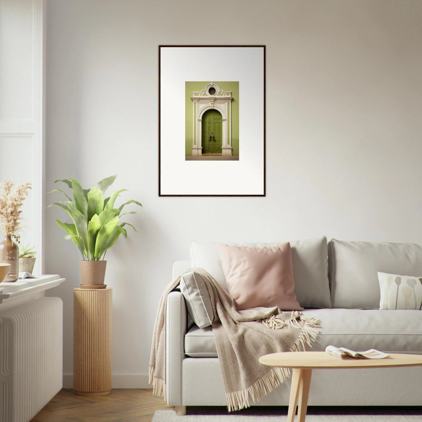 Framed photo of an ornate doorway on a white wall, part of Verdant Sentry Whispers