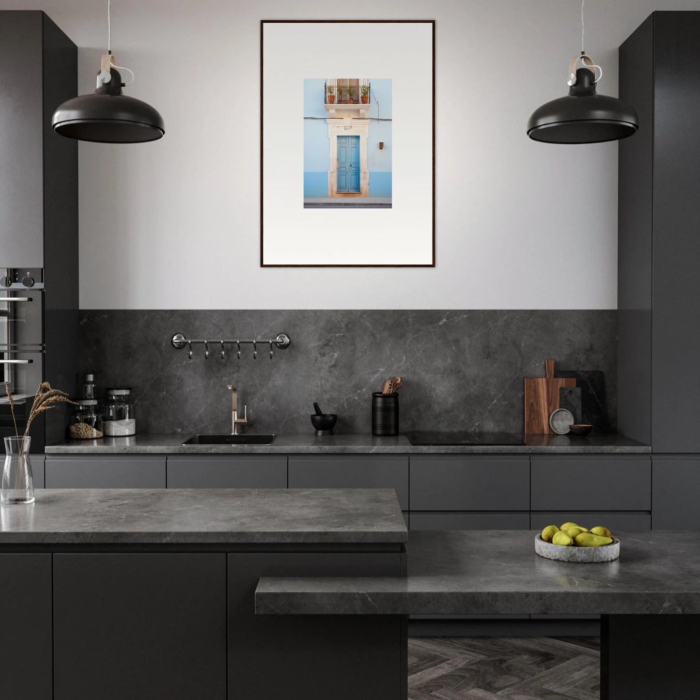 Modern dark gray kitchen with Ethereal Azul Entrance framed wall art and black pendant lights