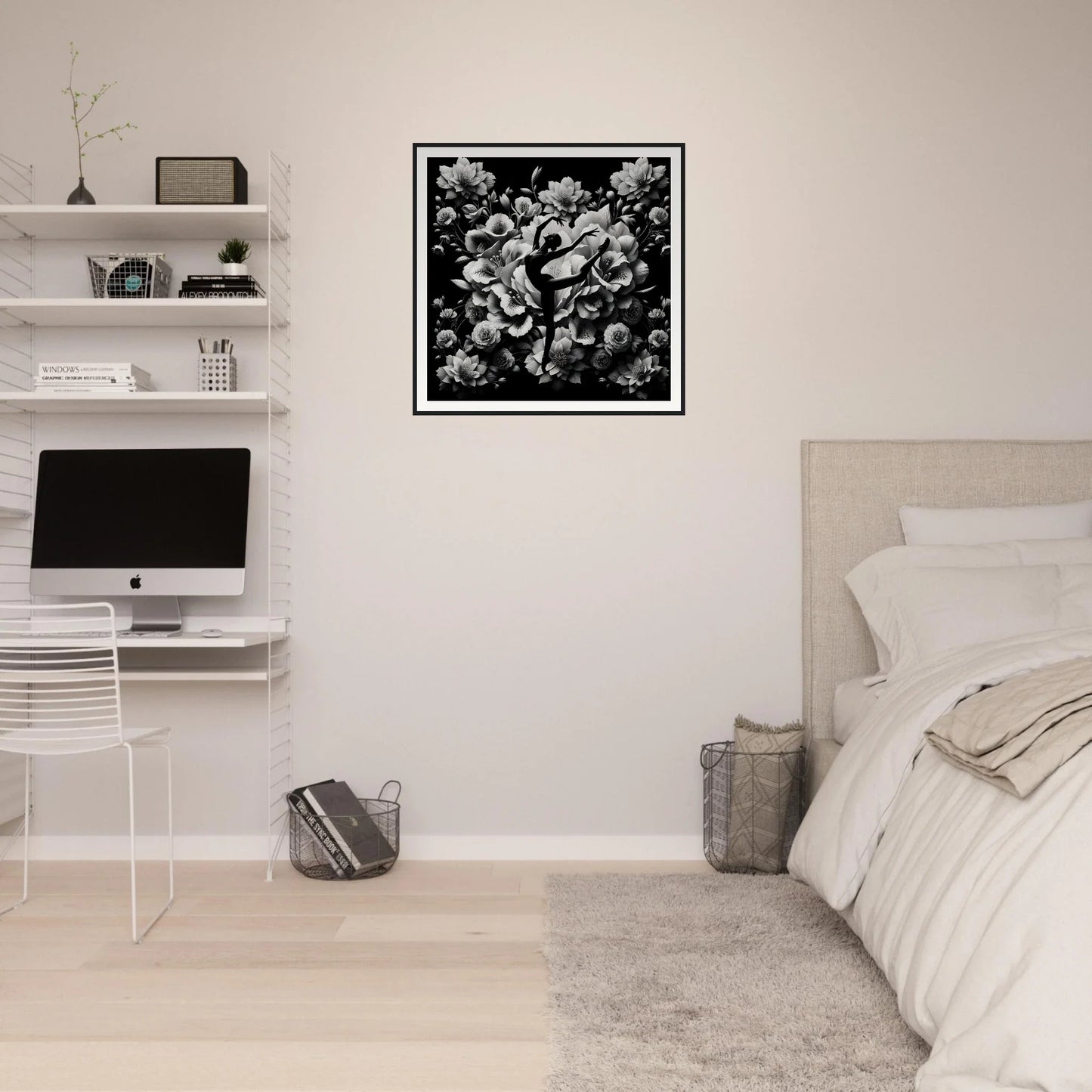 Minimalist bedroom with floating shelves and Waltzing Bloom Synthesis framed posters