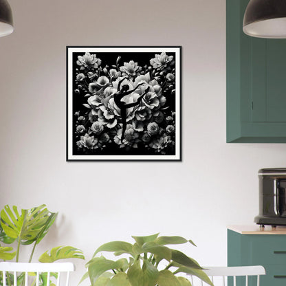 Framed poster of Waltzing Bloom Synthesis with layered black and white floral art