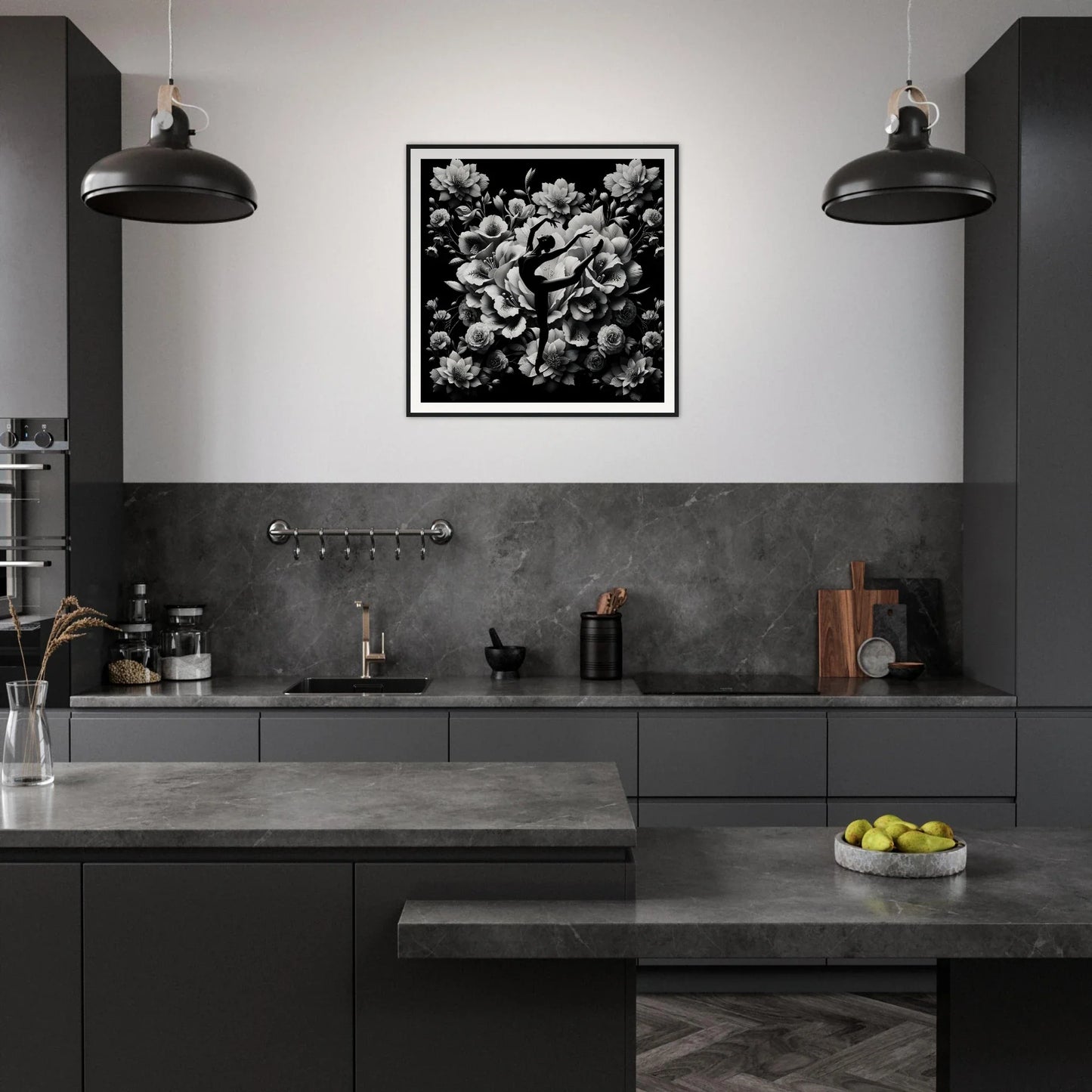 Stylish Modern dark gray kitchen with Waltzing Bloom Synthesis framed posters and lights