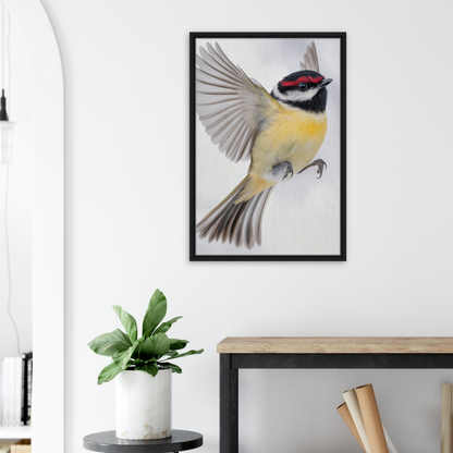 Framed artwork of a colorful bird in flight, ideal for Warbler’s Zenith room decor