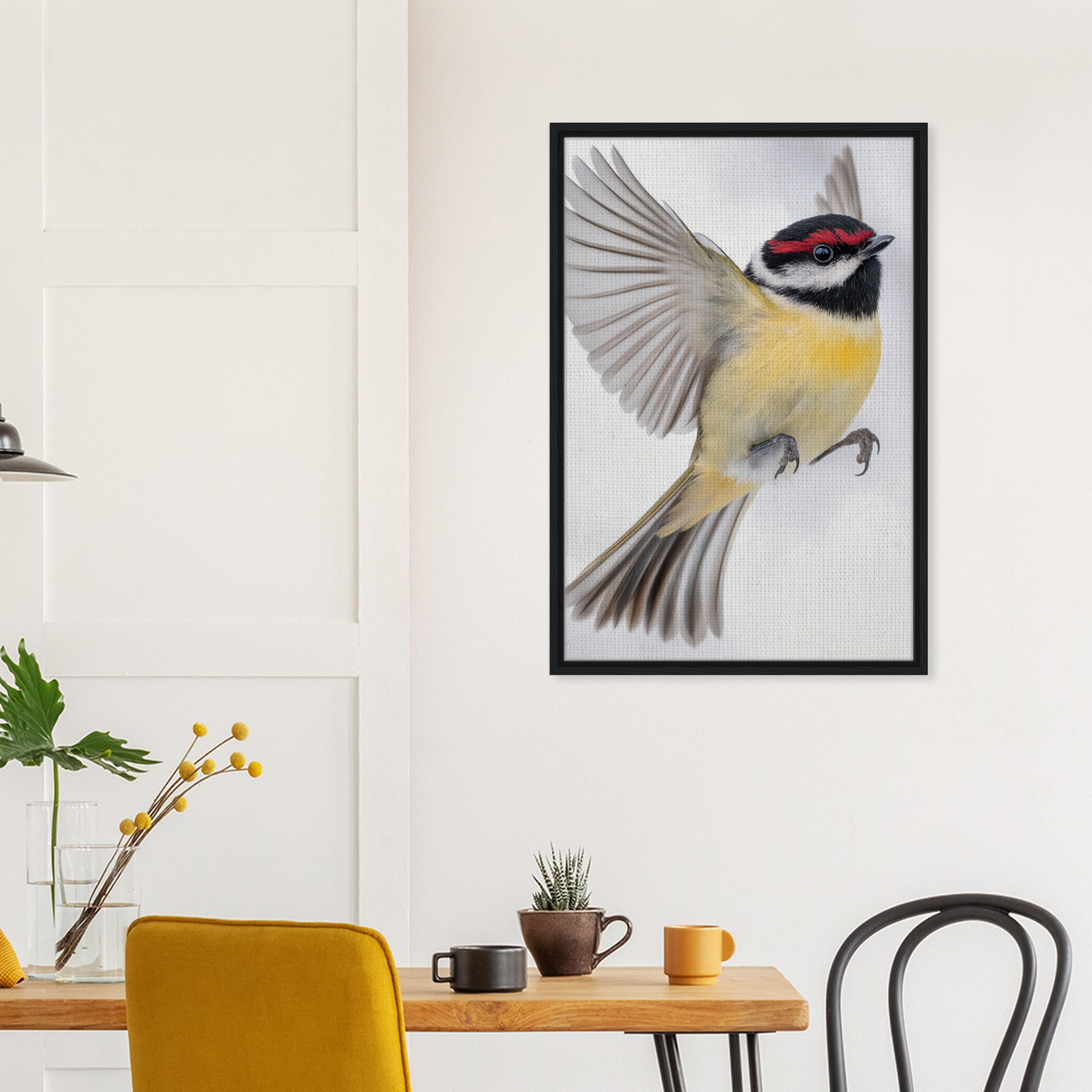 Framed canvas print of a flying yellow warbler in Warbler’s Zenith design