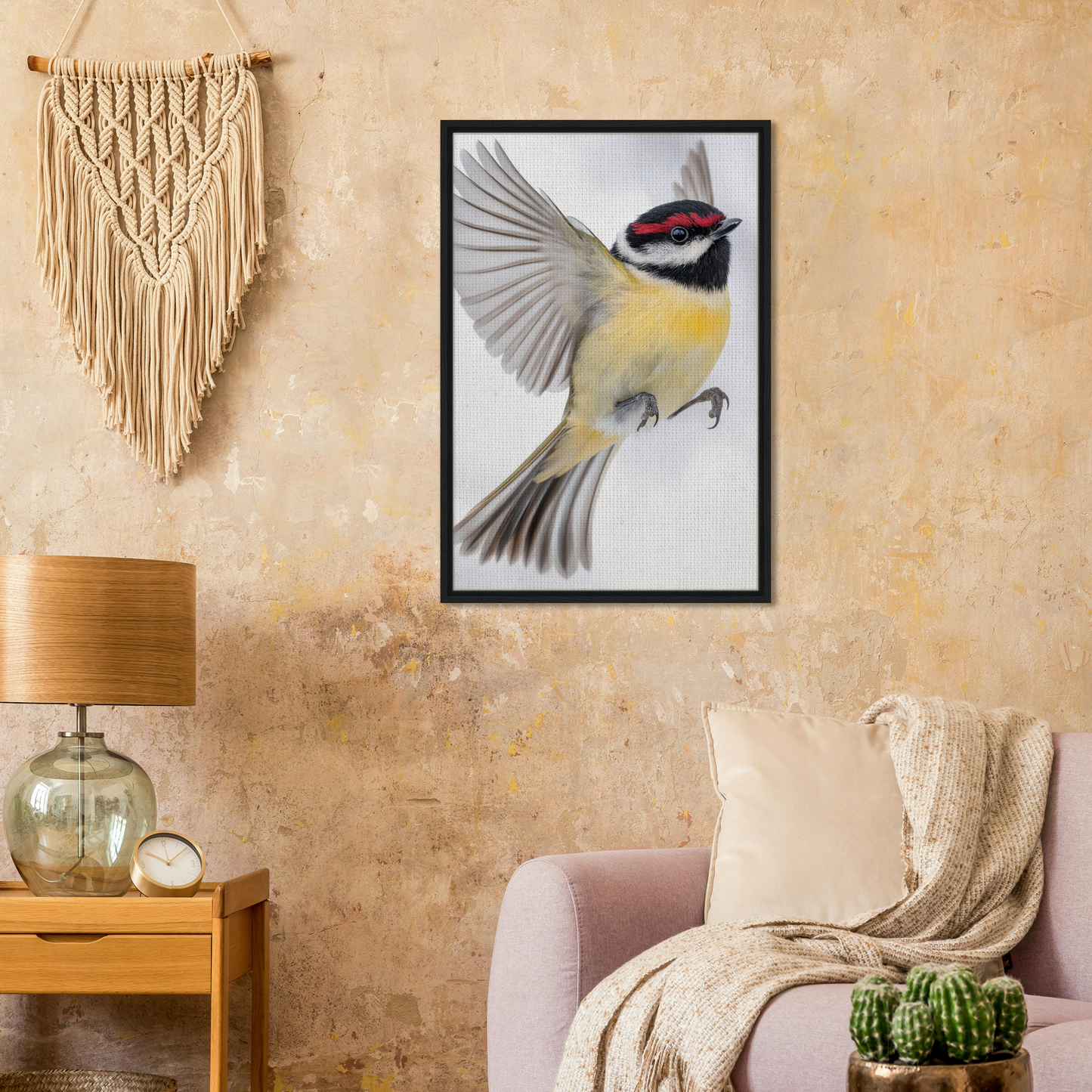 Framed painting of a flying bird with yellow and gray feathers for Warbler’s Zenith room decor