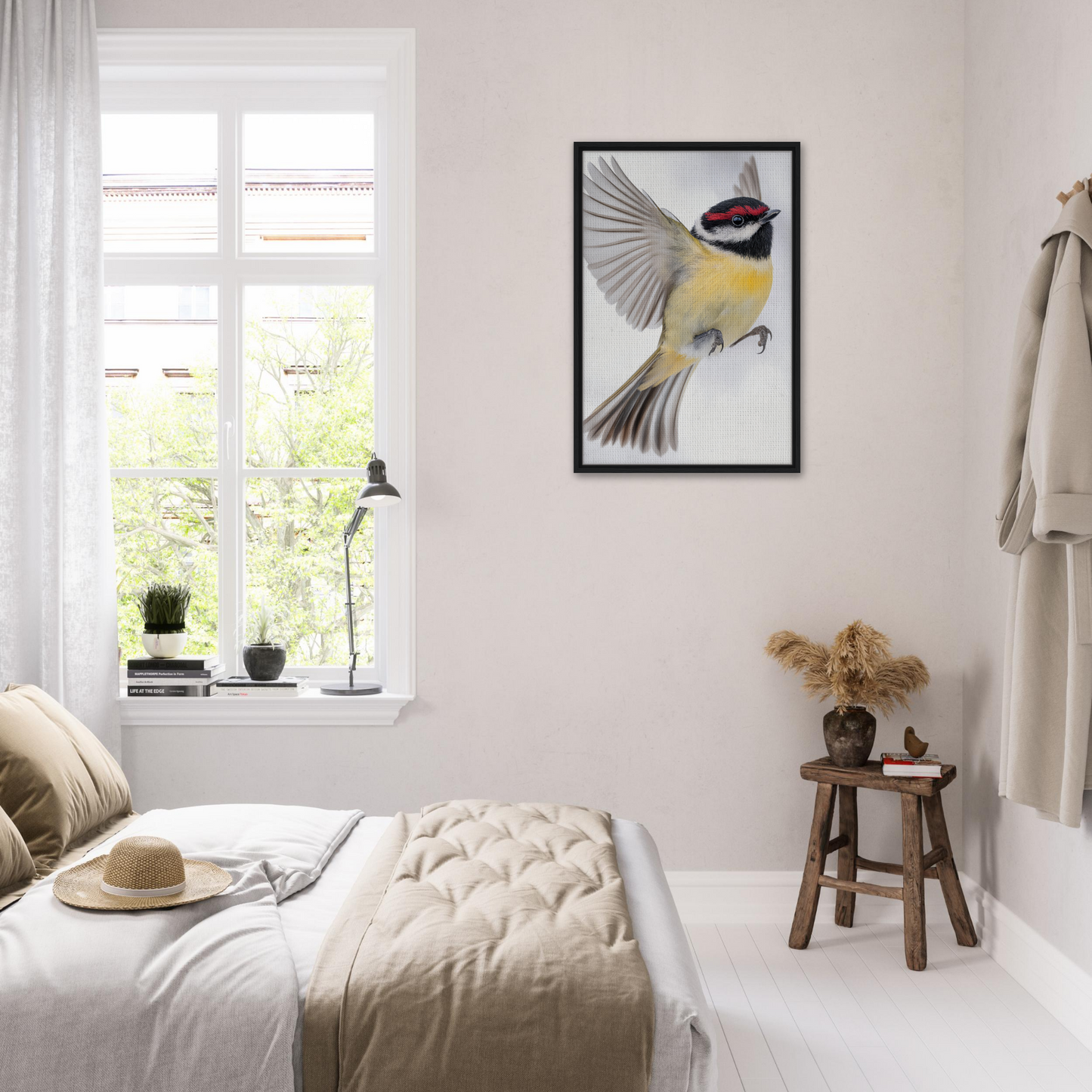 Bright, airy bedroom featuring Warbler’s Zenith framed canvas print with minimalist decor